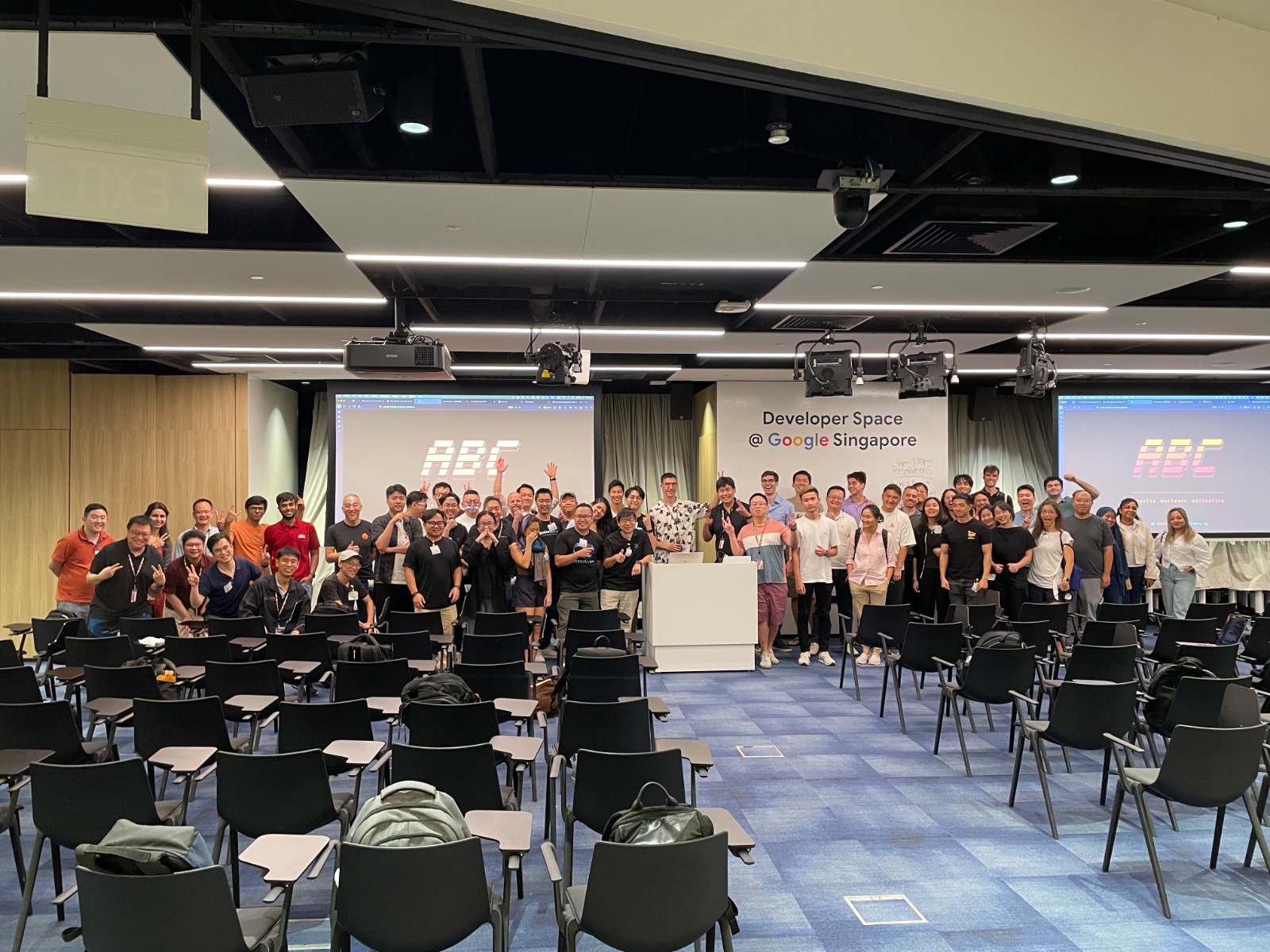 A full room of attendees at an Agentic Builders Collective meetup.